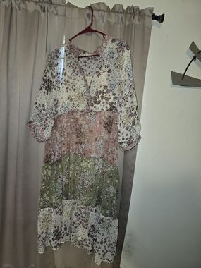 Tiered V-Neck Midi Dress in Pink & Green